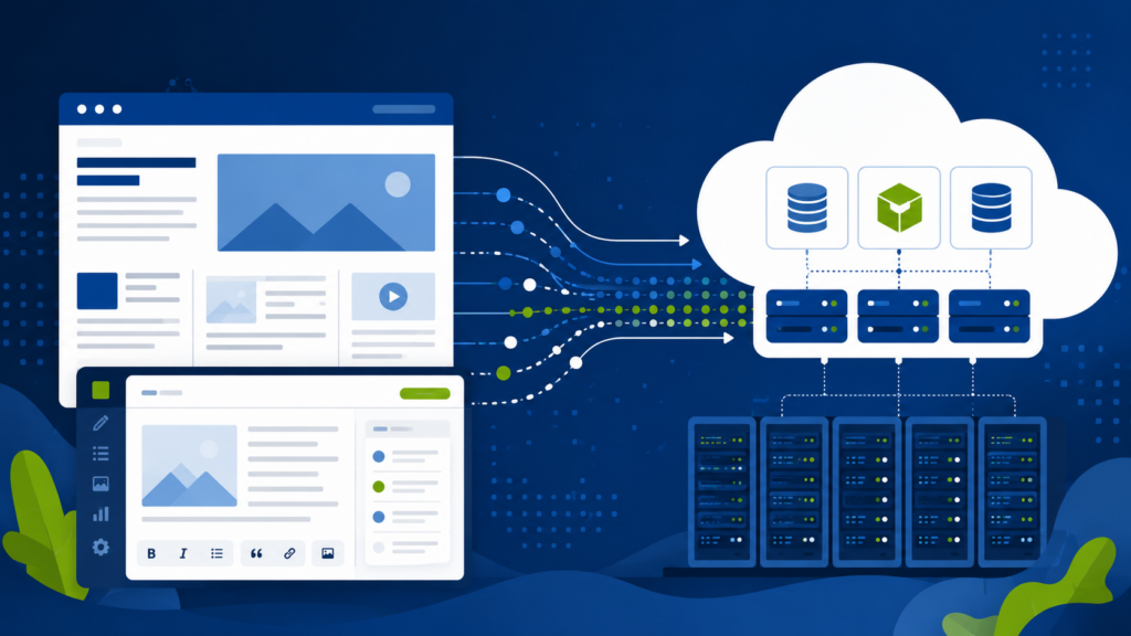 aws portali notizie | Seidigitale.com Illustration of a web UI on the left feeding data to a cloud with servers and databases on the right, representing cloud infrastructure.