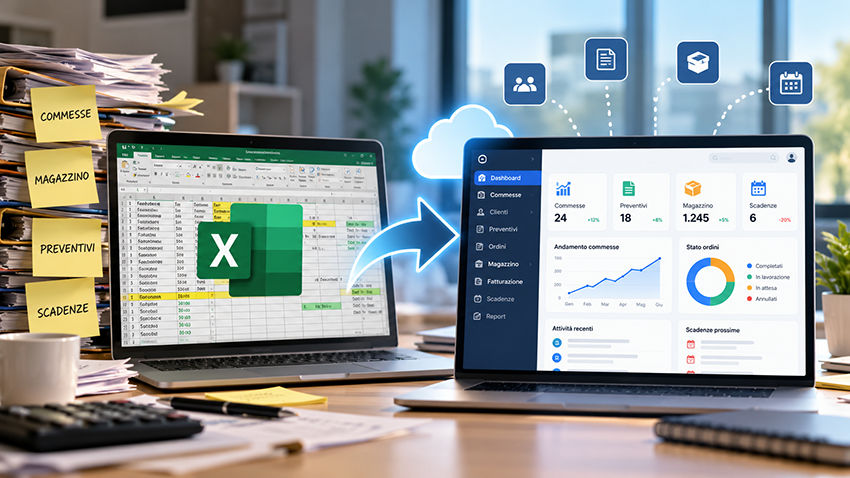 da-excel-al-gestionale-cloud | Seidigitale.com Two laptops on a desk: left screen shows an Excel spreadsheet, right screen displays a cloud-based analytics dashboard with charts and widgets.