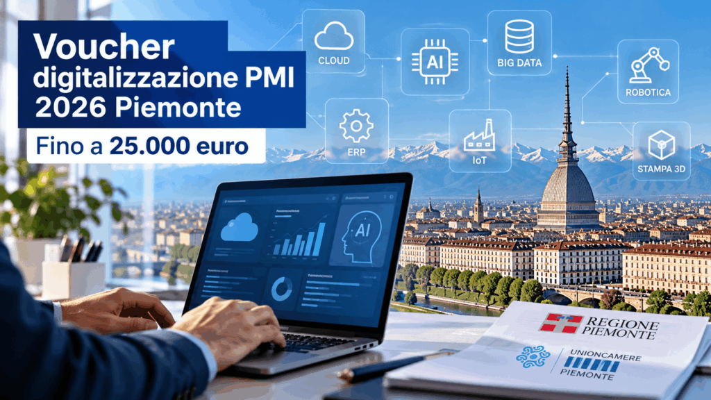 voucher digitalizzazione piemonte 2026 | Seidigitale.com Banner promoting the 2026 Piemonte PMI digitalization voucher with a laptop dashboard and icons for cloud, AI, big data, ERP, IoT, robotics, 3D printing over Turin c ityscape.